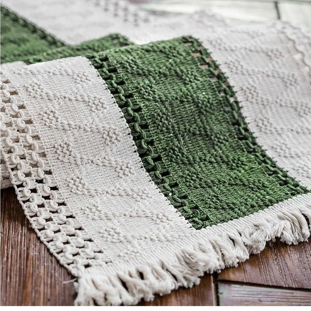 Bojo Green and Cream Table Runner with tassels